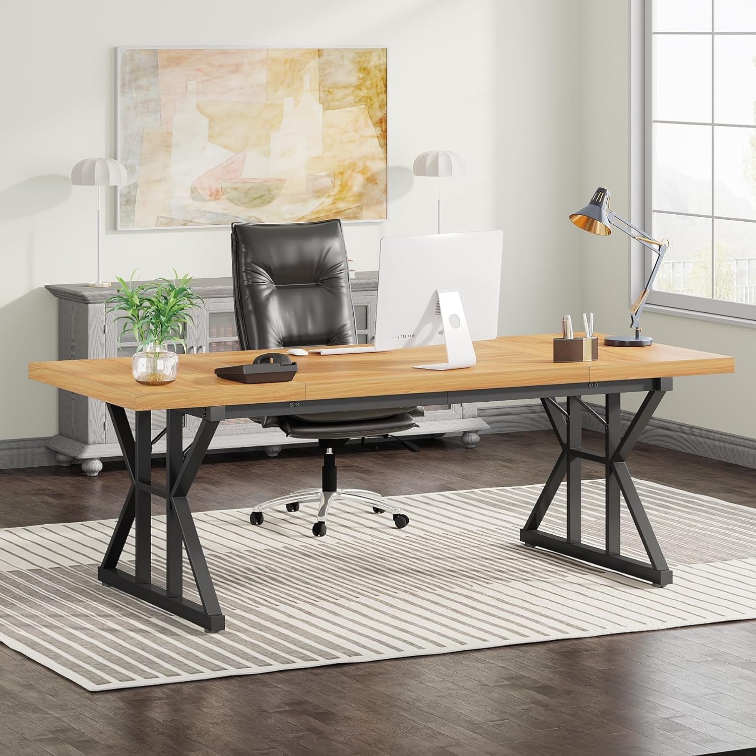 Executive Walnut Desk – 71" Large Office Desk with Black Metal Frame