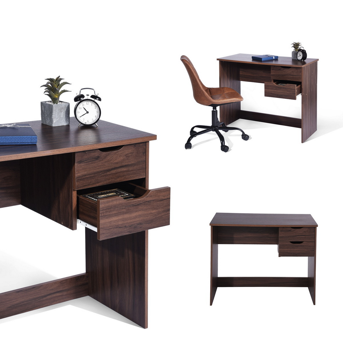 Home Office Laptop Desk – Walnut Wood with 2 Drawers